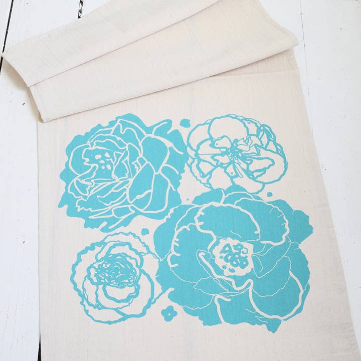 Hearth and Harrow – wholesale Tea towel – Peony Blossom Tea Towel - Organic Cotton - Mint Green/Teal2