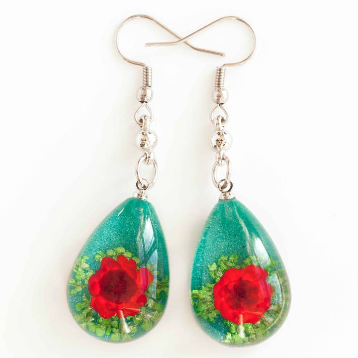 Brincos Brincos Verde-Verde-Verde-Vermelho por atacado de Hanami Real Flower Jewelry