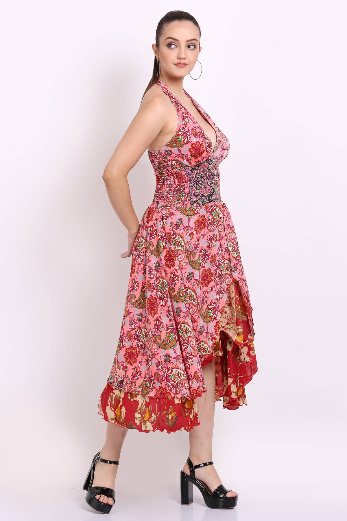 Wevez – wholesale Klänning - Dam – Kvinnors Blommig Ärmlös V-ringning Rufsar Flowy Maxi Klänning6