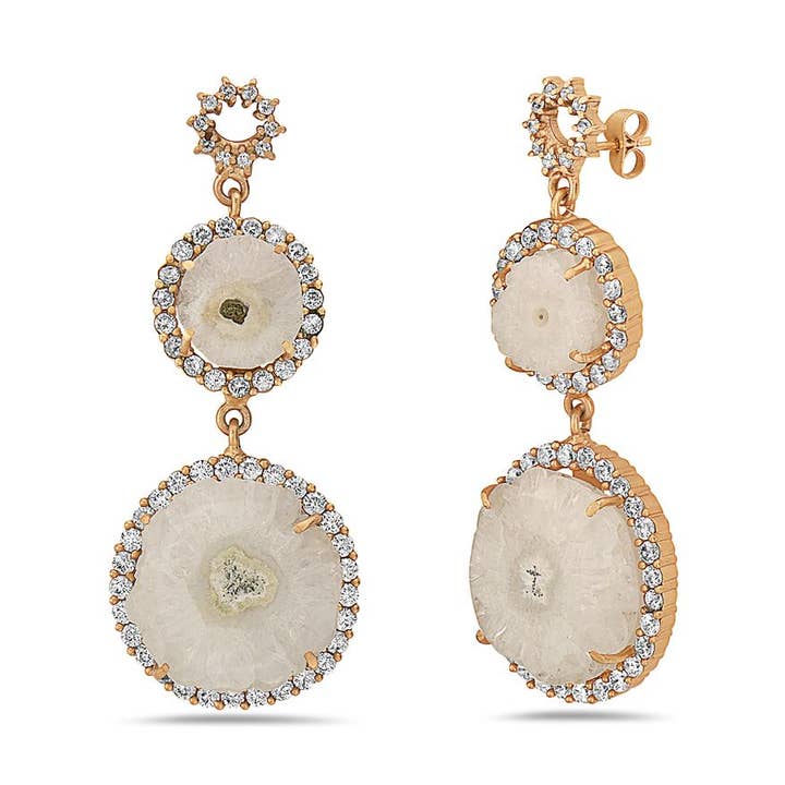 White Agate Earrings with Faux Diamonds for wholesale by Jewelry Fiesta
