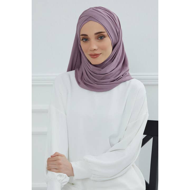 Aisha's Design - Wholesale Hijab - Women's - Comfortable Cross Stitched Jersey Shawl Practical Cotton Hijab for Women, Front Cross-Stitched Shirred Jersey Hijab Shawl,CPS-4531