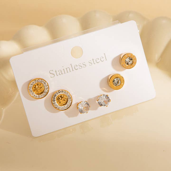 Gold Stud Earrings Set 3 Pairs with Crystal Accents -Elegant for wholesale by Gemscape UK