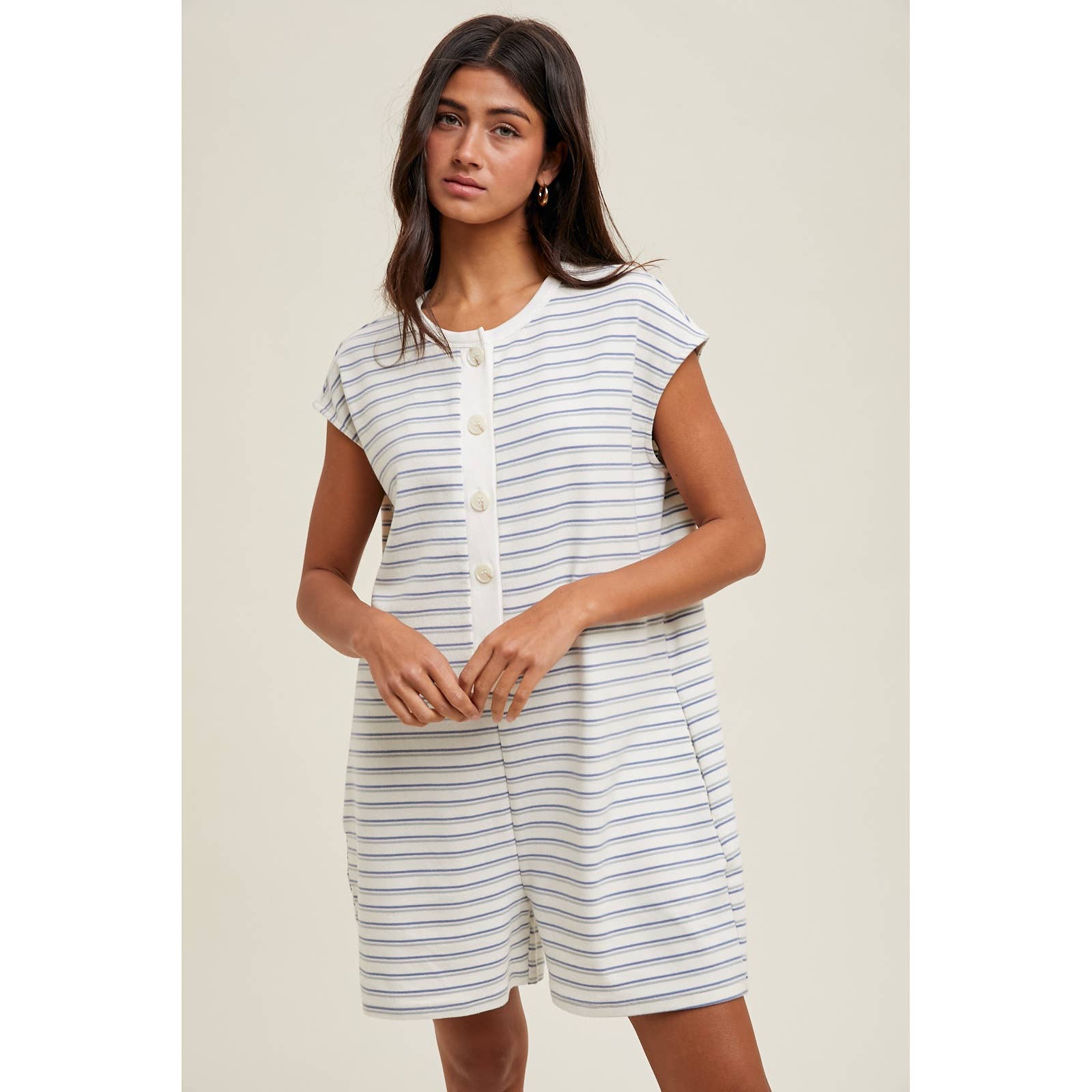 BLUE COMBO STRIPED KNIT ROMPER / WL25-10656 for wholesale on Faire0