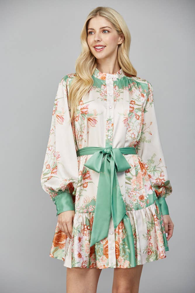 TAN SAGE MULTI HIGH NECK SELF TIE WAIST BUTTON DOWN DRESS FD30385 for wholesale on Faire1