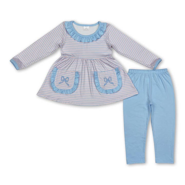 Yawoo Garments - Wholesale Top & Leggings Set - Kids - Long sleeves stripe bow tunic pink leggings girls clothing1