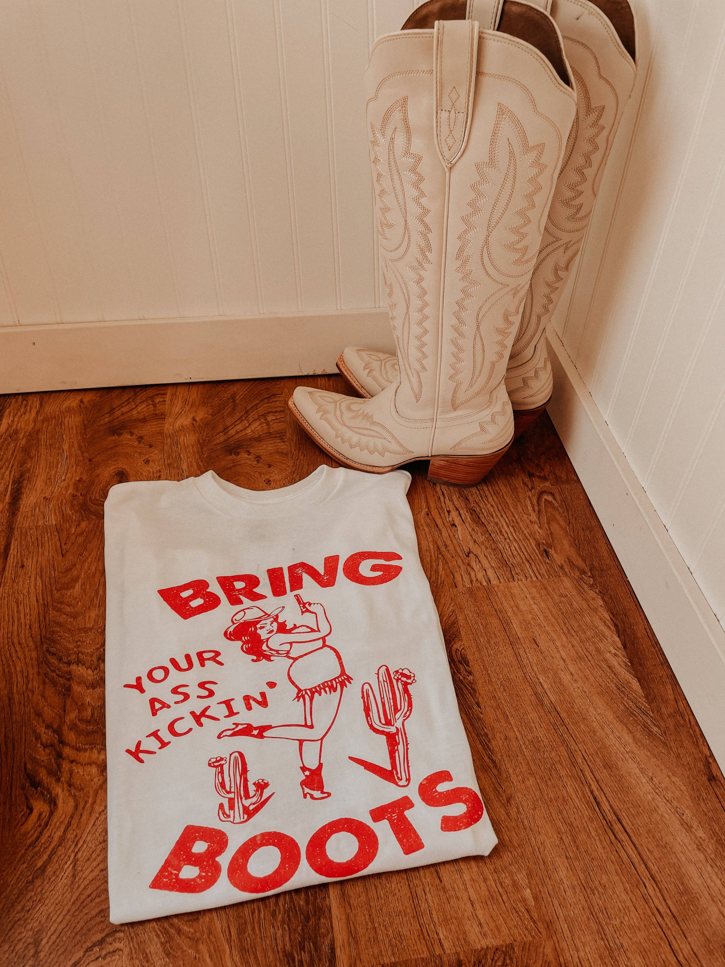 Rustic Runaway LLC - Wholesale T-Shirt (Graphic) - Women's - Bring Your A** Kickin Boots Western Graphic Tee