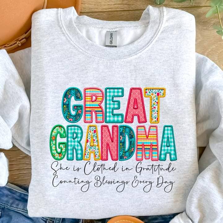 Great Grandma Clothed in Gratitude Tee or Crew for wholesale by Hello Sunshine Boutique