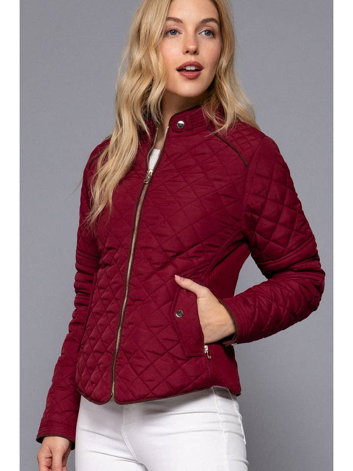Active Basic | Active USA - Wholesale Puffer Jacket - Women's - Suede Piping Detail Rib Quilted Padding Jacket