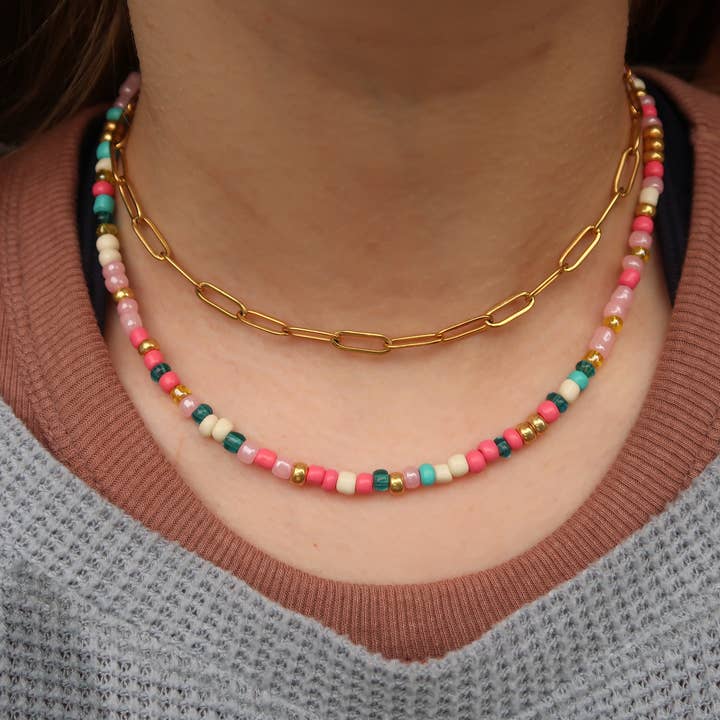 Adjustable Pink Boho Beaded Choker Necklace for wholesale by Athena’s Art Cove