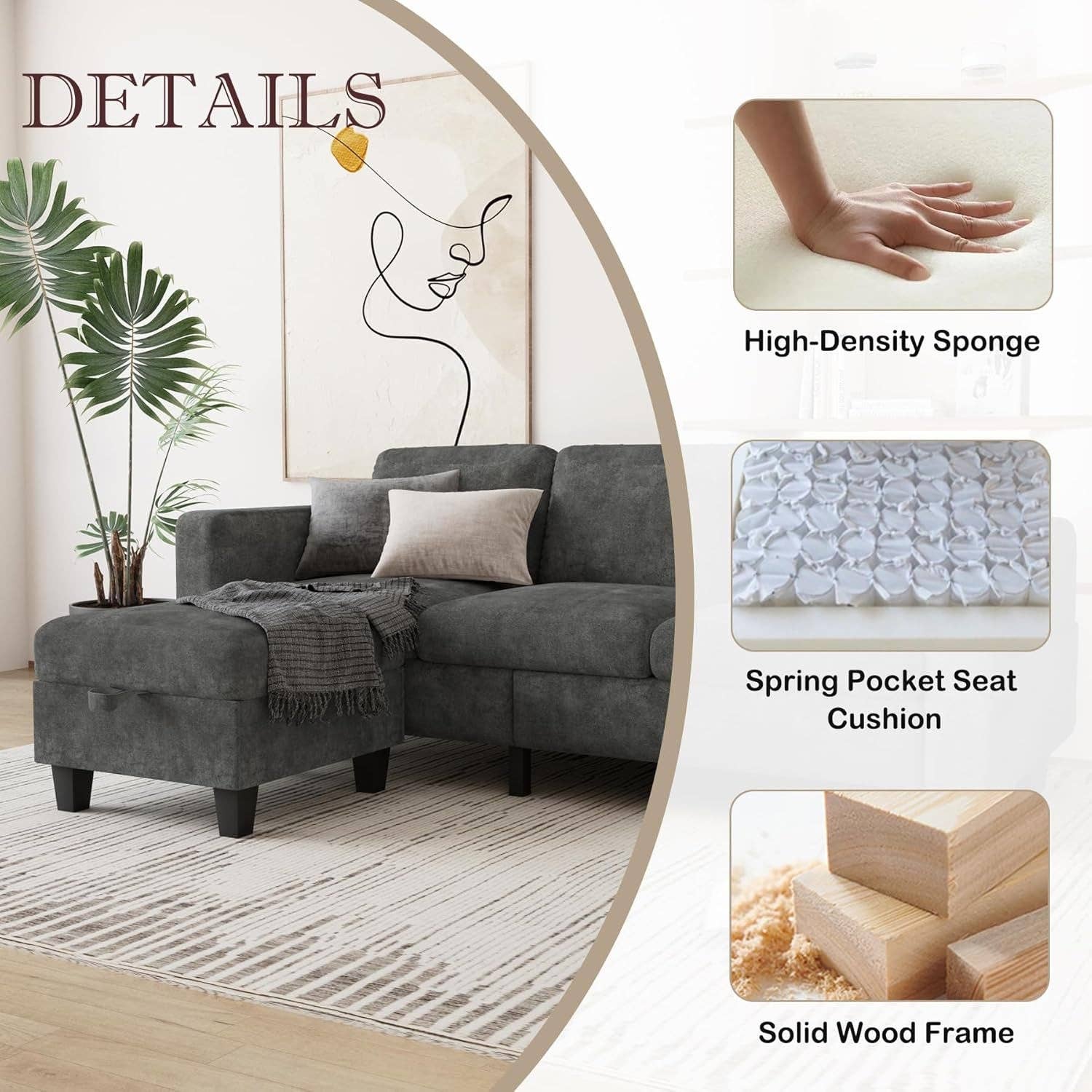 Grey L Shaped Sectional Sofa With Storage Ottoman Modern for wholesale on Faire3