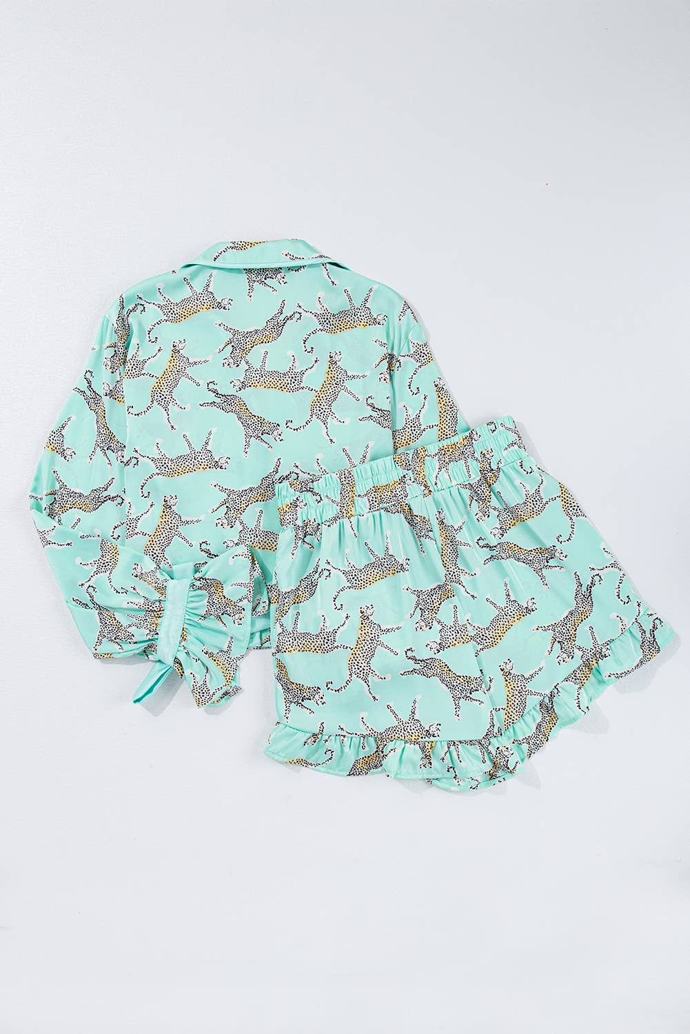 Green Leopard Printed Satin Long Sleeve Top and Shorts Pajama Set for wholesale on Faire7