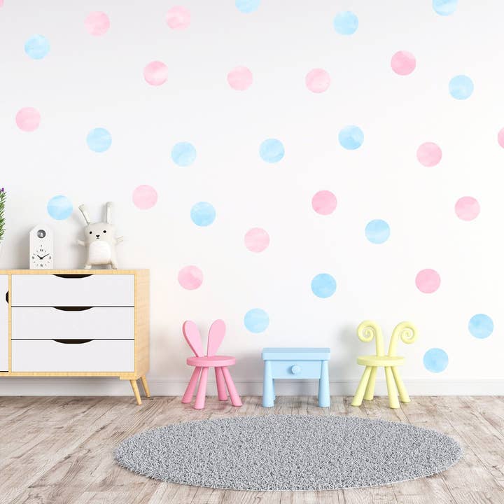 Adesivos de Parede de Bolinhas em Aguarela Azul Claro e Rosa Blush, Decalques de Parede para Sala de Brincar e Berçário, Adesivos de Parede para Quarto de Bebé, Arte de Parede para Quarto de Crianças por atacado de Decals Online