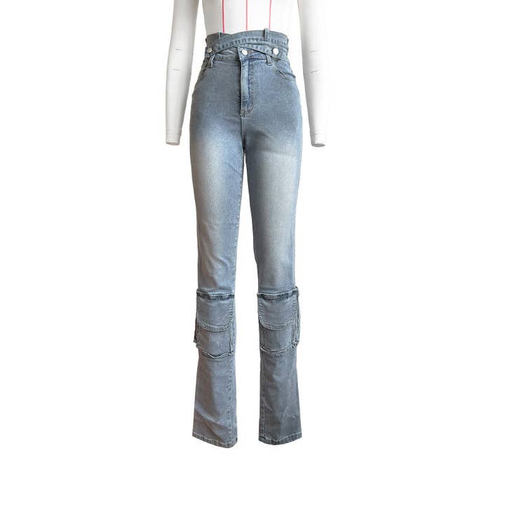 Blue MB FASHION High-Waist Cargo Flare Jeans with Belted Detail 8016LY for wholesale on Faire2