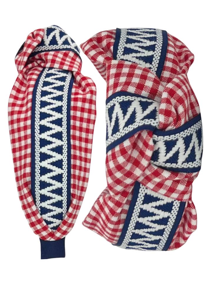 Marineblaues und weißes Zickzackband auf rotem Karomuster für den Großhandel von Pretty Happies