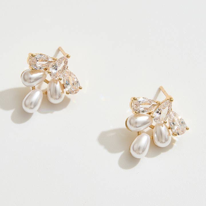 Sensibling Corp. - Wholesale Stud/Post Earrings - 14K Gold Dipped Teardrop CZ Stone Pearl Cluster Stud Earrings