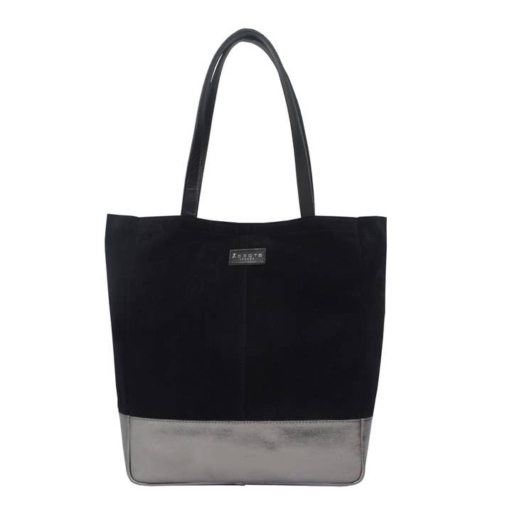Assots London - Wholesale Tote Bag - Women's - 'PAIGE' Black Real Leather + Pewter Metallic Leather Tote