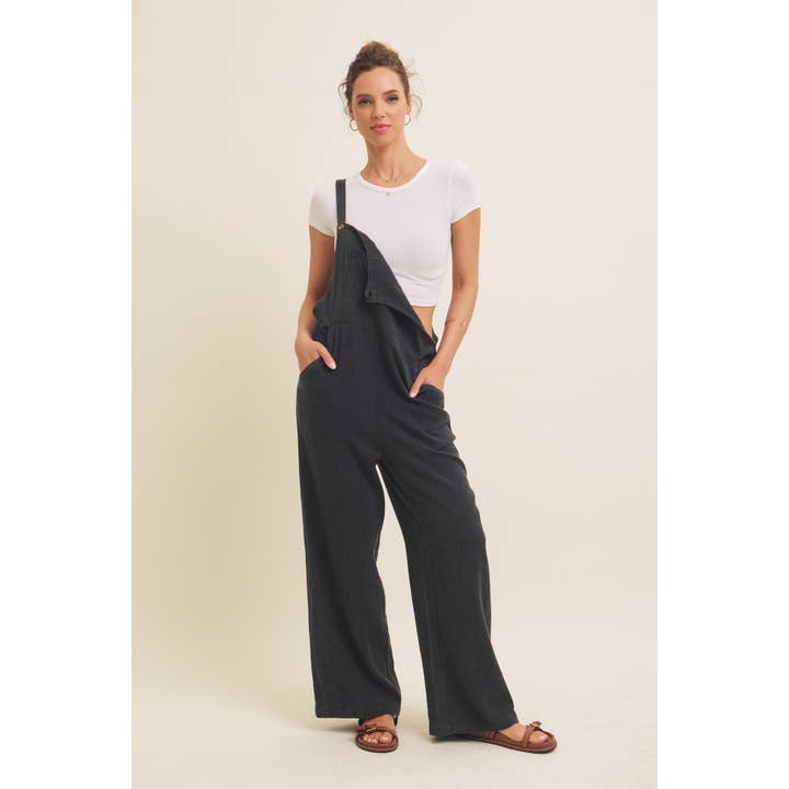in february - Wholesale Jumpsuit - Women's - MINERAL-WASHED SUPER SOFT GAUZE WIDE-LEG OVERALL JUMPSUIT