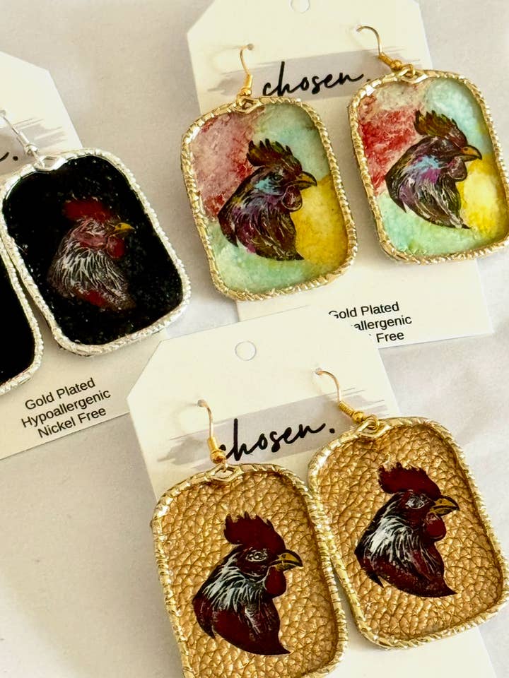The Gamecock Hand painted Leather Earring Collection for wholesale by Chosen