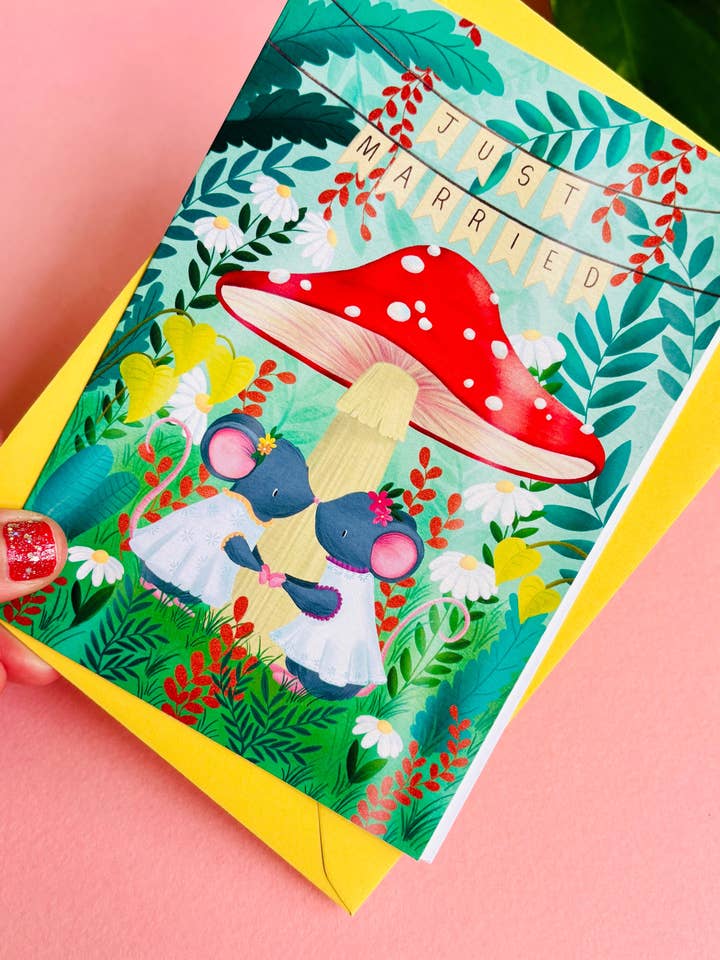 Handmade Lesbian Wedding Card- Whimsical Just Married Greetings Card for wholesale by Pixiecraft