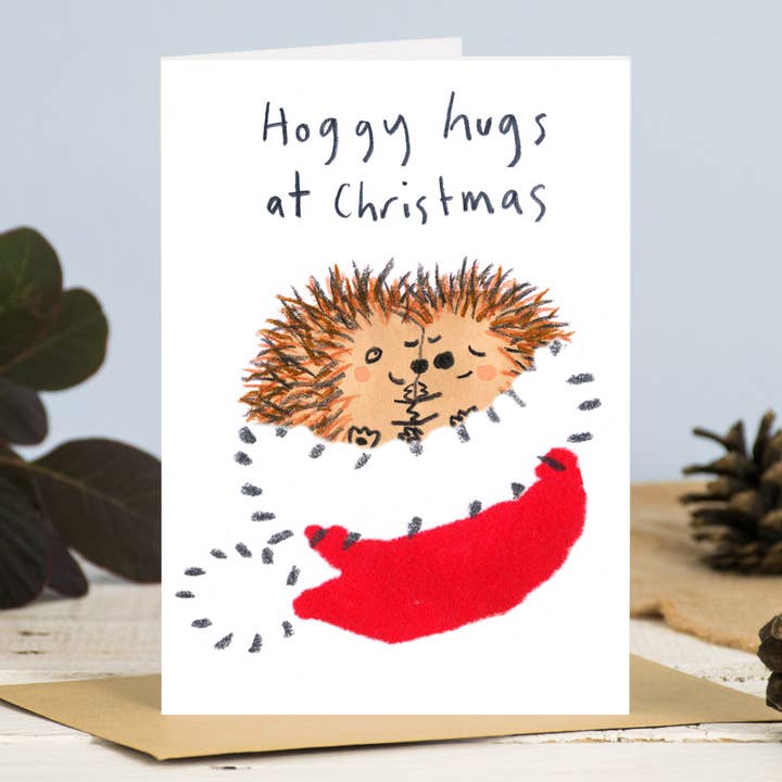 Hoggy Hugs At Christmas Card for wholesale by Jo Clark Design