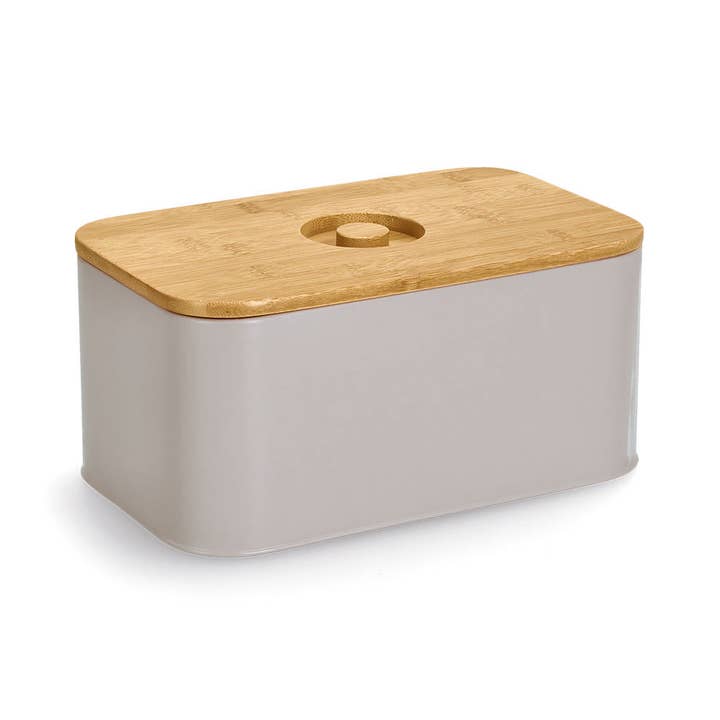 Bread box with bamboo lid, metal, beige for wholesale on Faire2