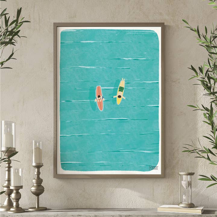 Affiche décoration surfeur sur la mer pour salon nostalgique pour la vente par le murmure des murs