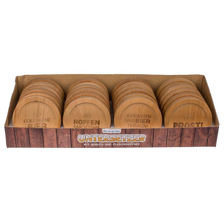 Wurm - Vente Sous-verre - Dessous de verre avec inscription et décapsuleur en bois, 4 fois, naturel (L/H/P) 8x1x8cm 24 pièces en présentoir3