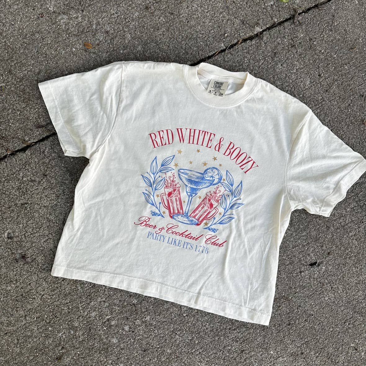 Rags Revived - Wholesale Screen Printed T-Shirt - Women's - Red, White, & Boozy 4th Of July Cropped T-Shirt1