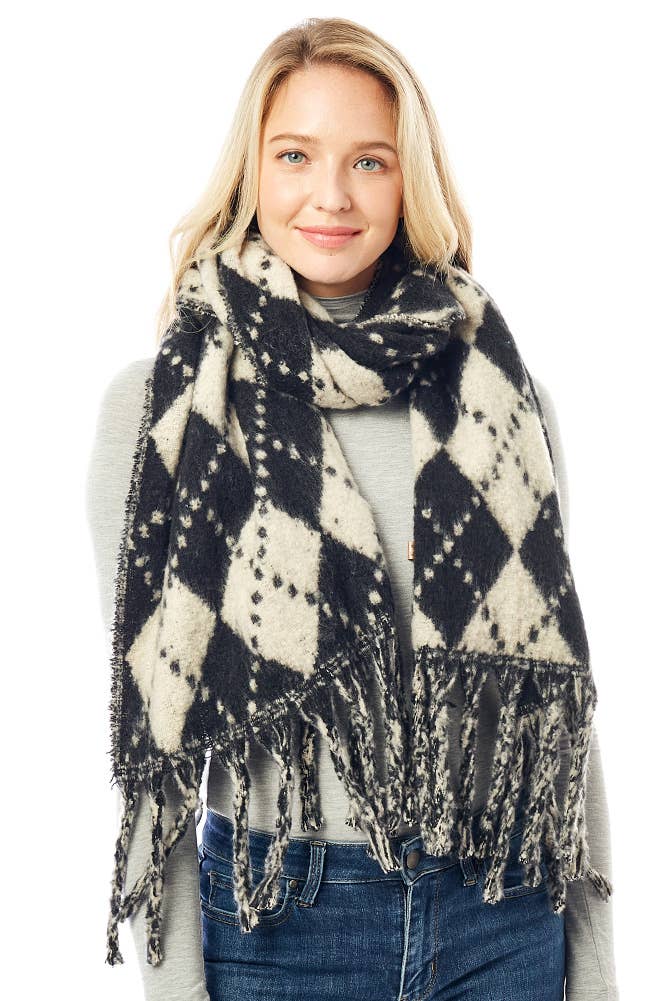 Hana - Vendita all'ingrosso Sciarpa - Donna - Sciarpa invernale con frange oblunghe con stampa Argyle0