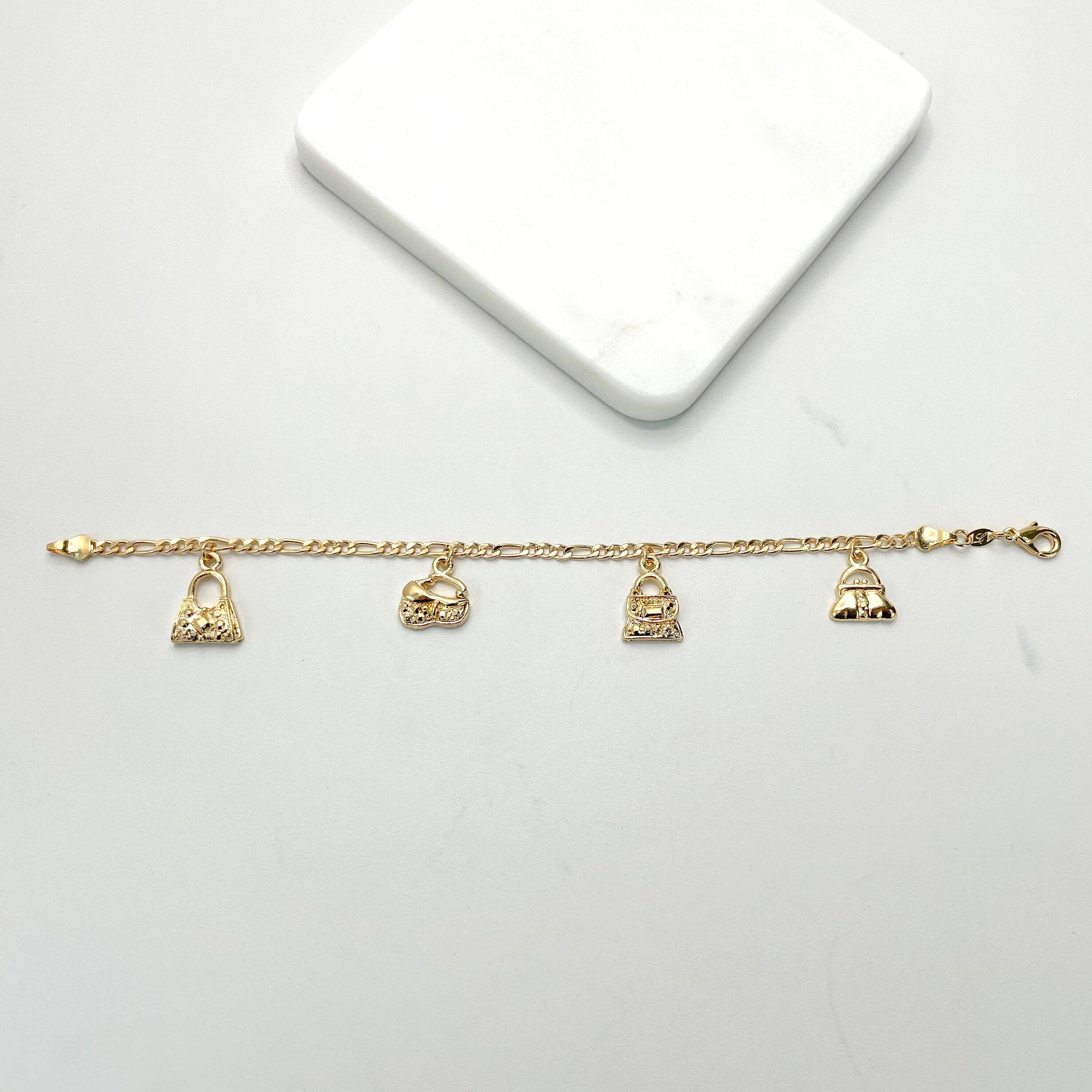 Luxus Accessories – Pulseira com pendente por atacado – Pulseira de encantos com bolsas Figaro preenchidas em ouro 18k6