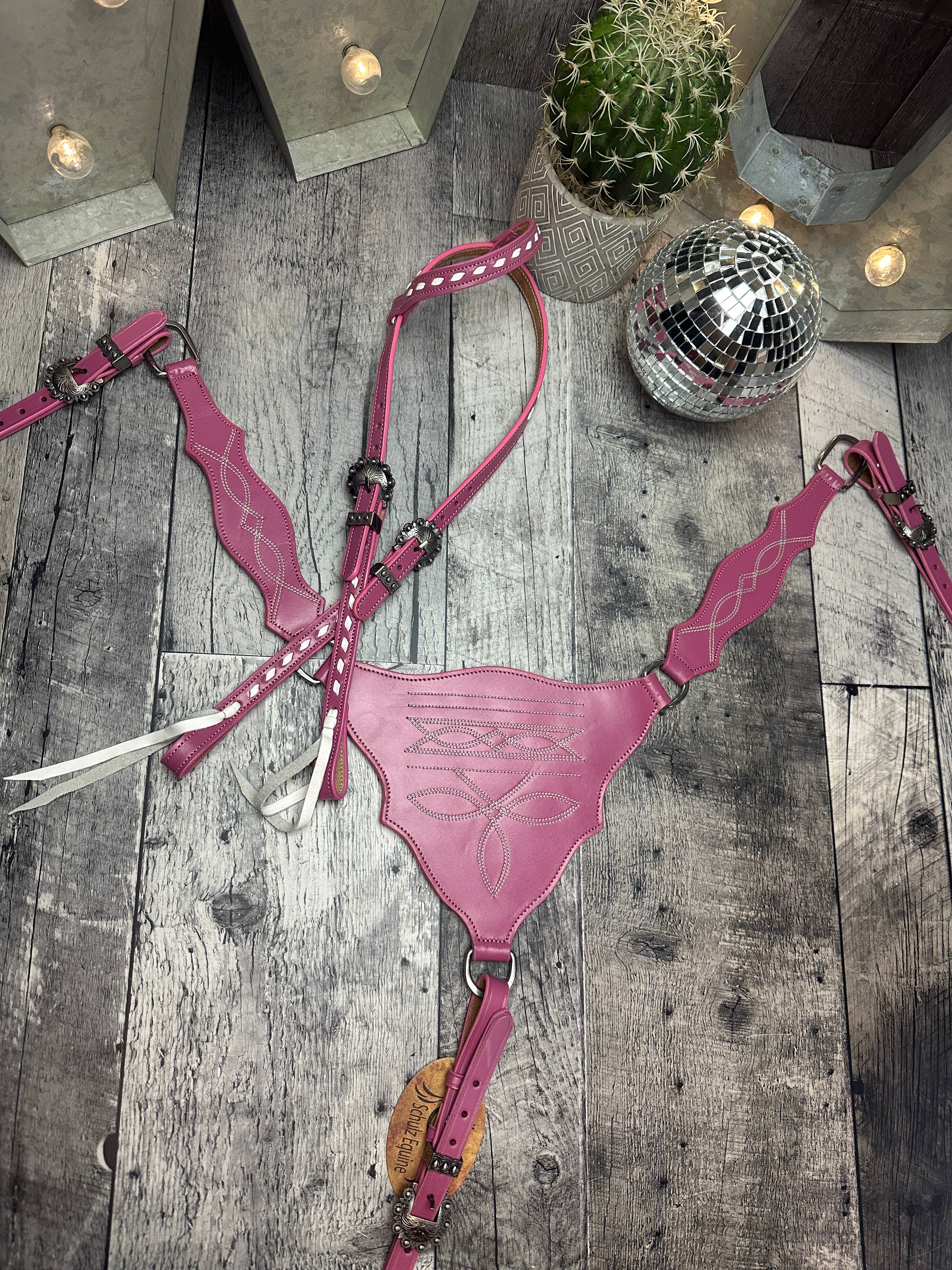 Schulz Equine - Wholesale Horseback Riding Gear - Pink Boot Stitch Headstall and Breast Collar Set6