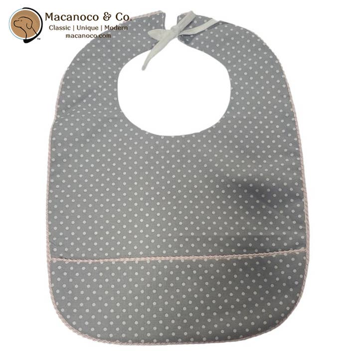 Bavoir doublé en coton haute couture avec poche - Grey Dots Pink Edge pour la vente par Macanoco and Co.