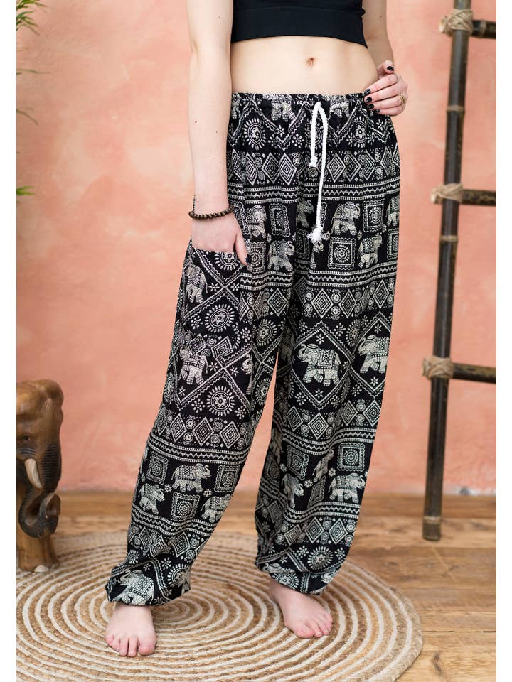 Namaste - Wholesale Pants – Women's - Black Freesize Elephant Print Harem Trouser3