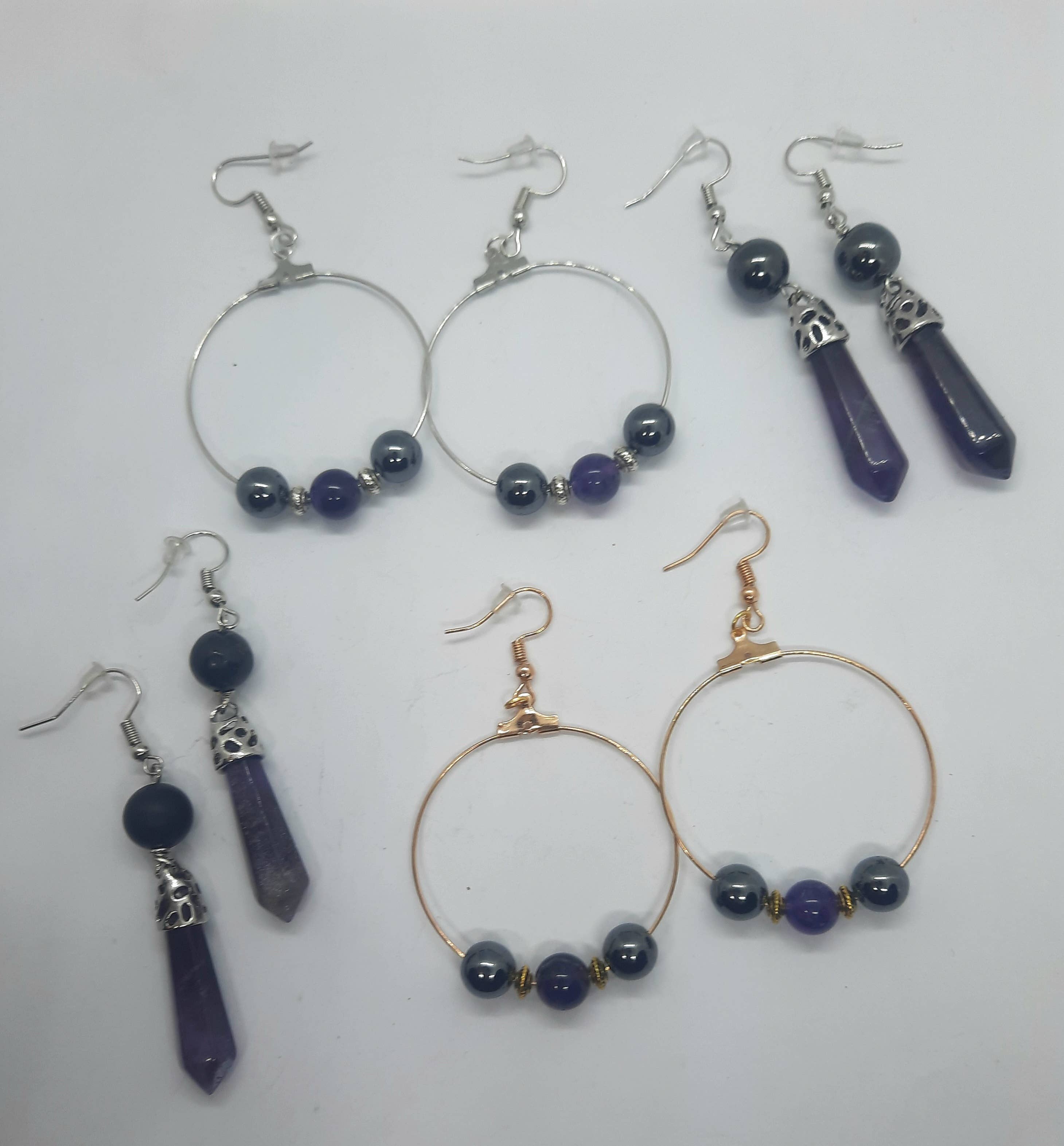 Secret Synergy Stones - Vente Boucles d'oreilles pendantes - Boucles d'oreilles EMF 5G - améthyste, shungite, tourmaline noire, hématite6