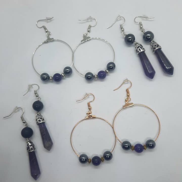 Secret Synergy Stones - Vente Boucles d'oreilles pendantes - Boucles d'oreilles EMF 5G - améthyste, shungite, tourmaline noire, hématite6