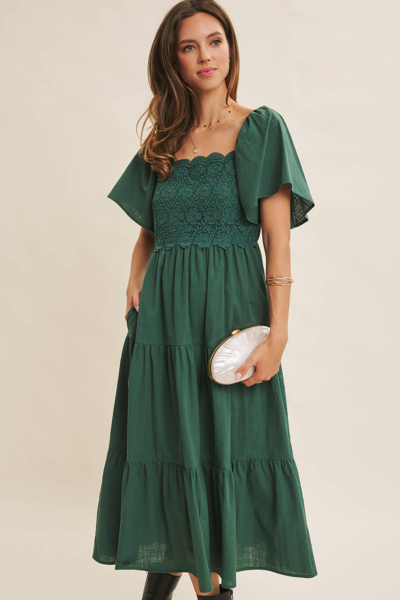 in february - Wholesale Dress - Women's - ESSENCE OF FALL TIERED CROCHET MIDI DRESS WITH FLUTTER SLVS19