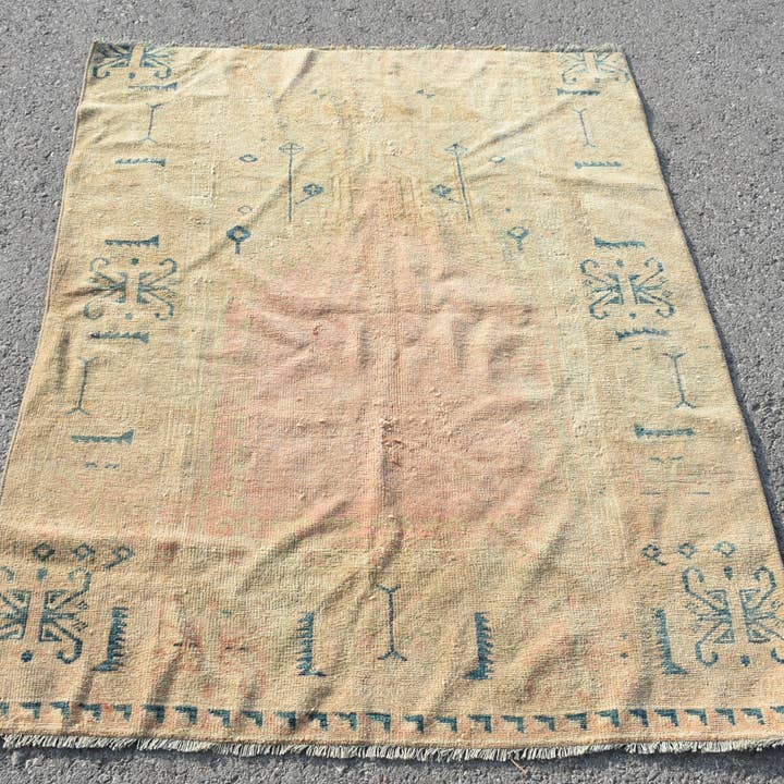 Vintage Beige & Blue Rug, 3.7x4.6 Ft Woven Geometric Rug for wholesale by Vintage Rugs Loom