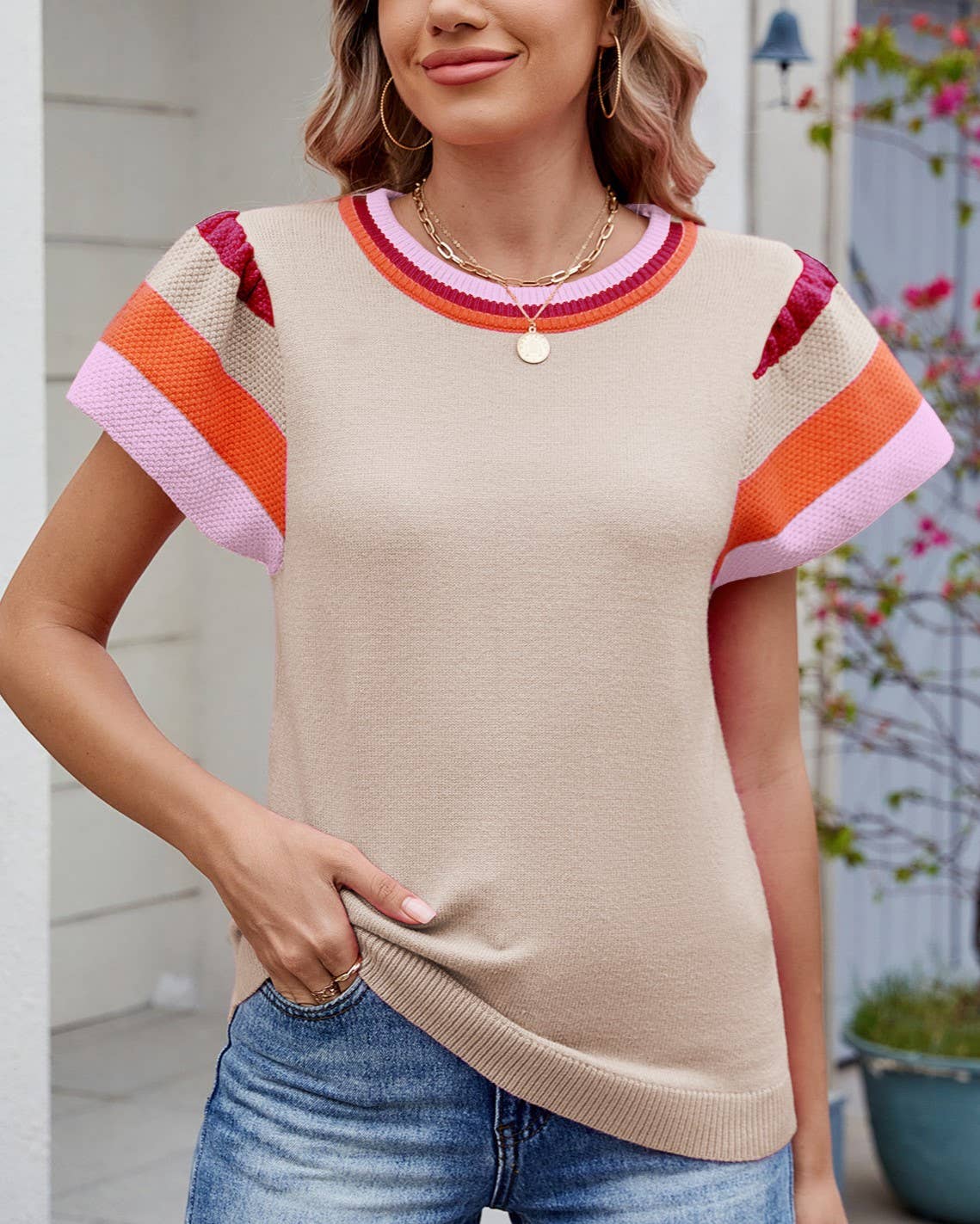 Rosa Clothing - Wholesale T-Shirt - Women's - Stylish Color-Block Ruffled Sleeve And Trim Knit Top5