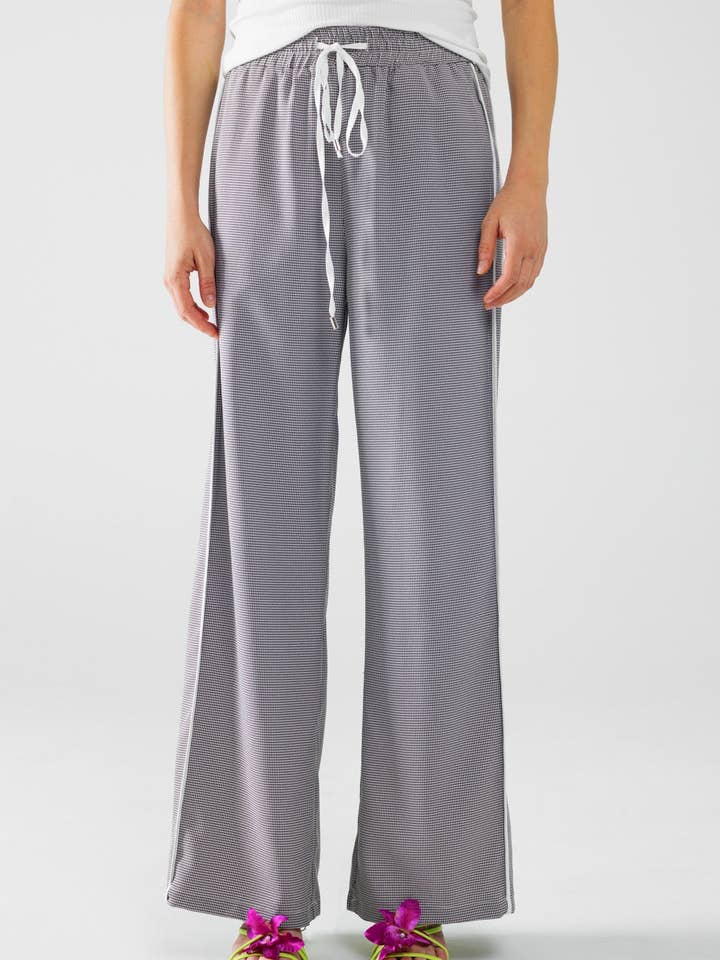 Grey Palazzo Black and White Gingham Pants With Drawstring for wholesale on Faire