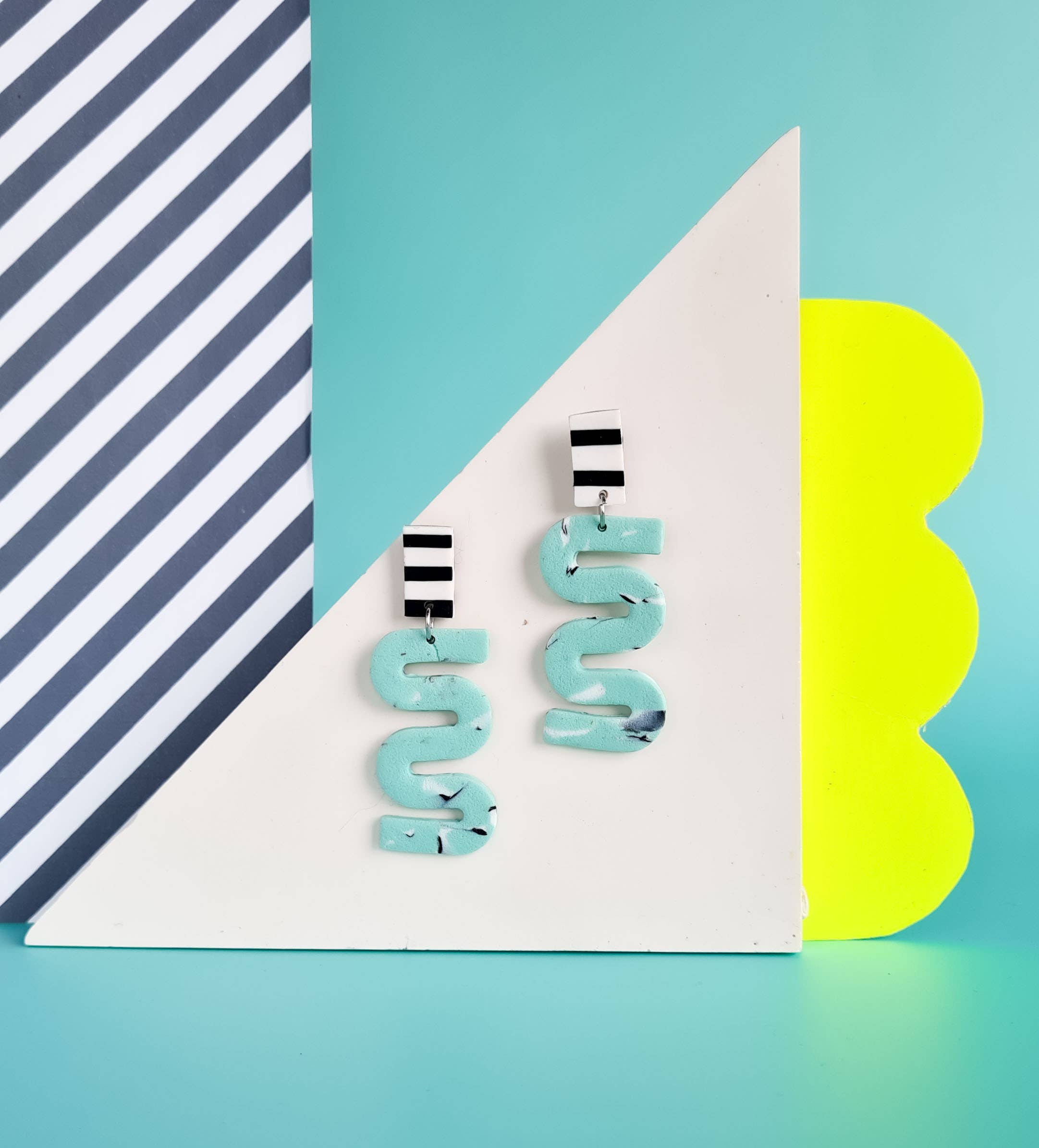 Mono - Wholesale Dangle Earrings - neon yellow and mint handmade polymer clay earrings0