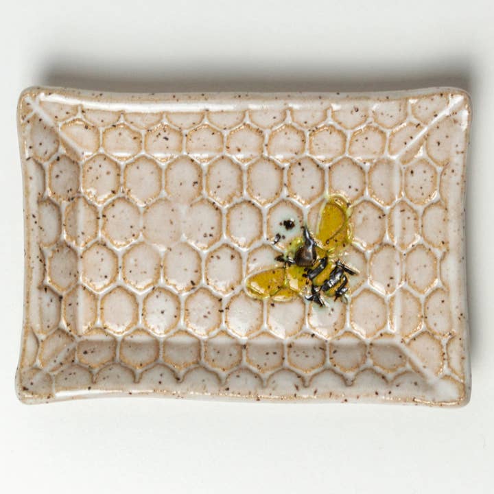 White Squirrel Clayworks - Wholesale Jewelry Dish - Bee Pattern Handmade Ceramic White Trinket Dish