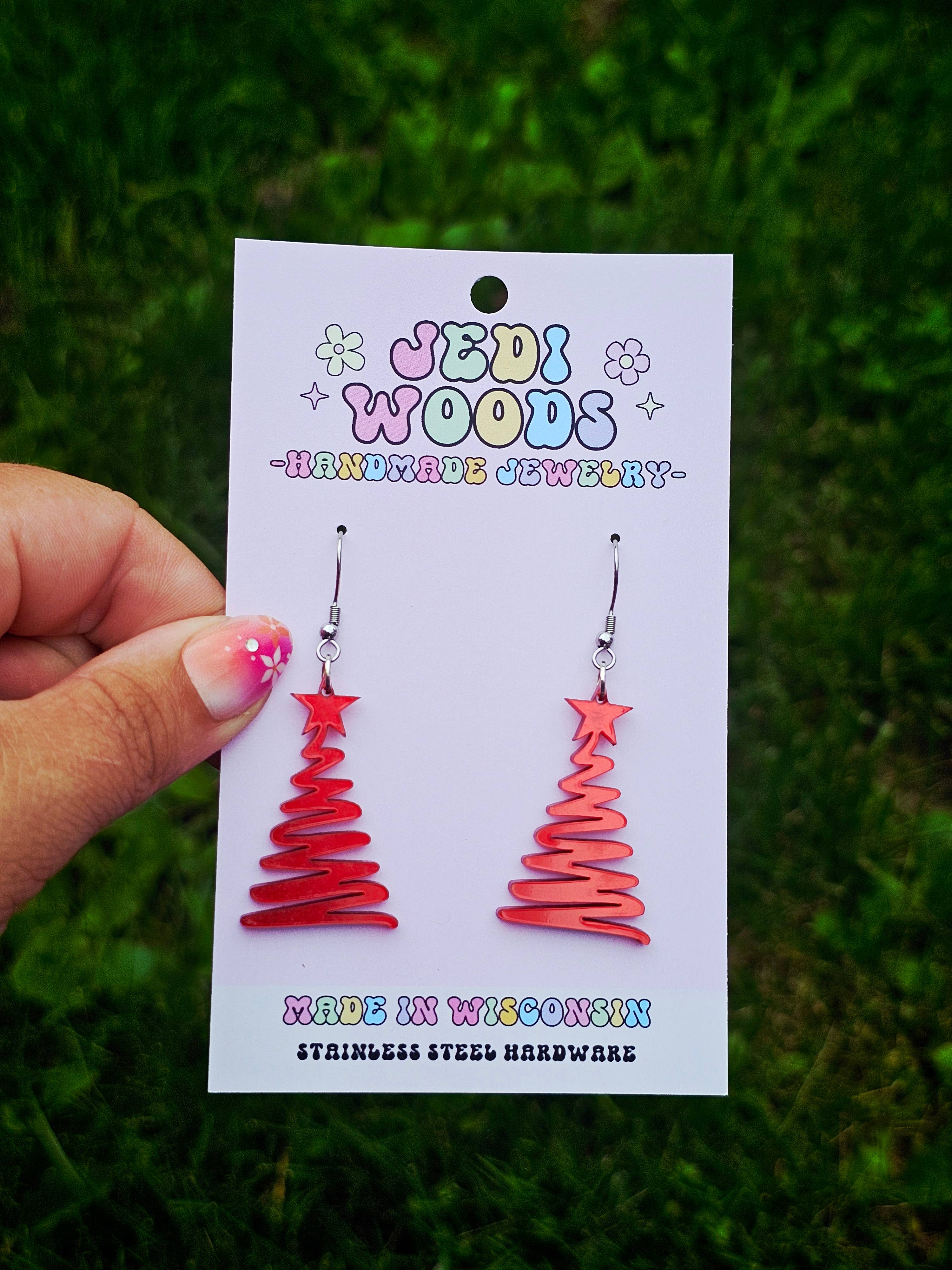 Jedi Woods LLC - Wholesale Dangle Earrings - Metallic Red Squiggly Christmas Tree Earrings