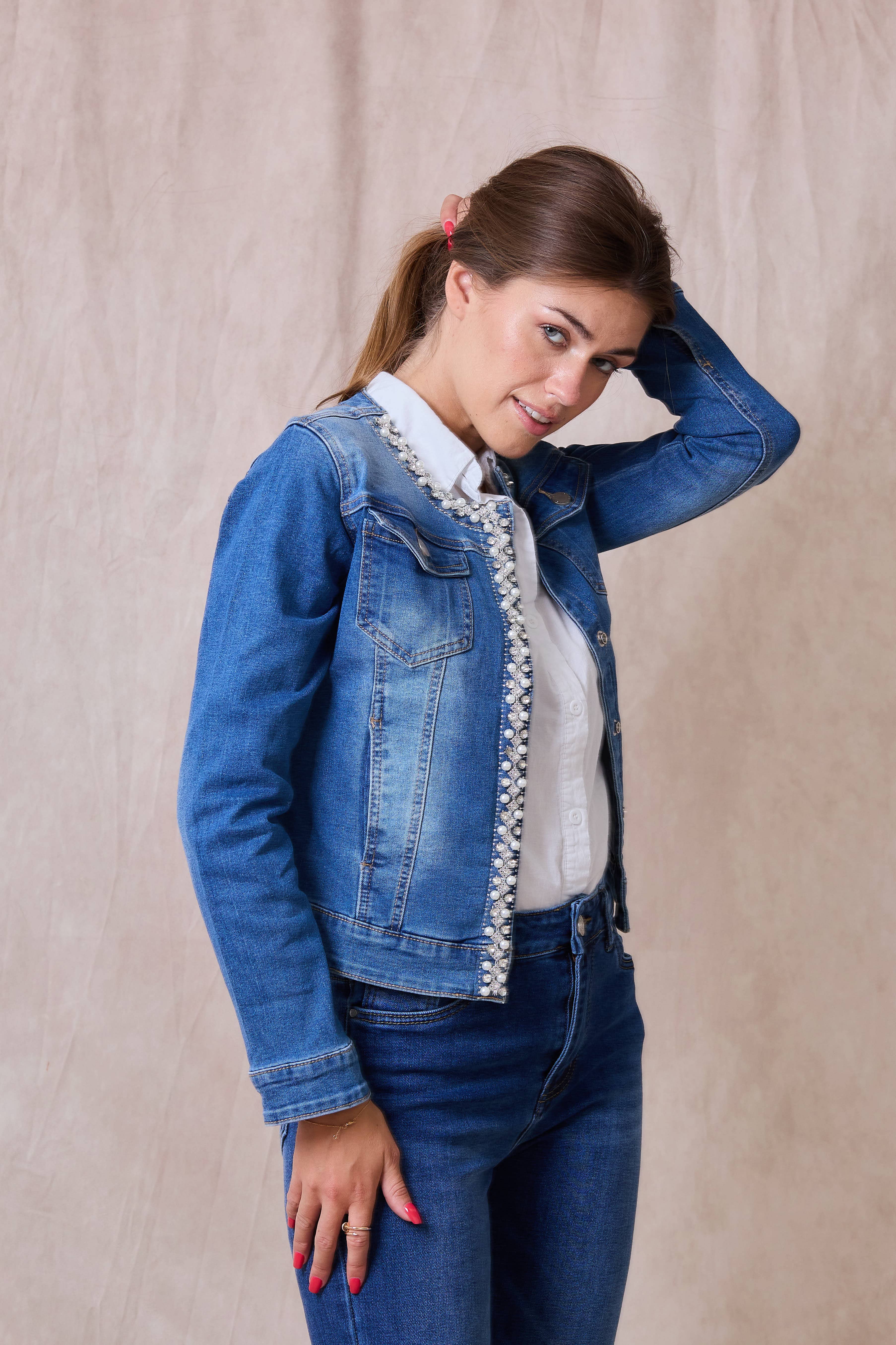 Jeans Denim jacket (Pearl and Rhinestone) - ANA & LUCY for wholesale on Faire4