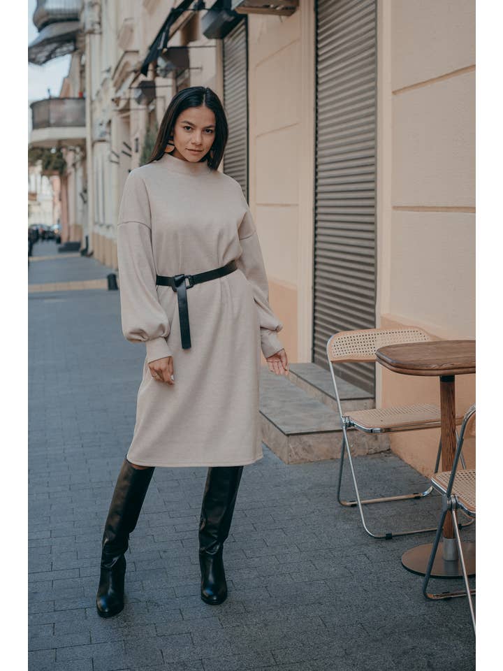 Azuri - Wholesale Dress - Women's - Beige Angora Straight Dress3