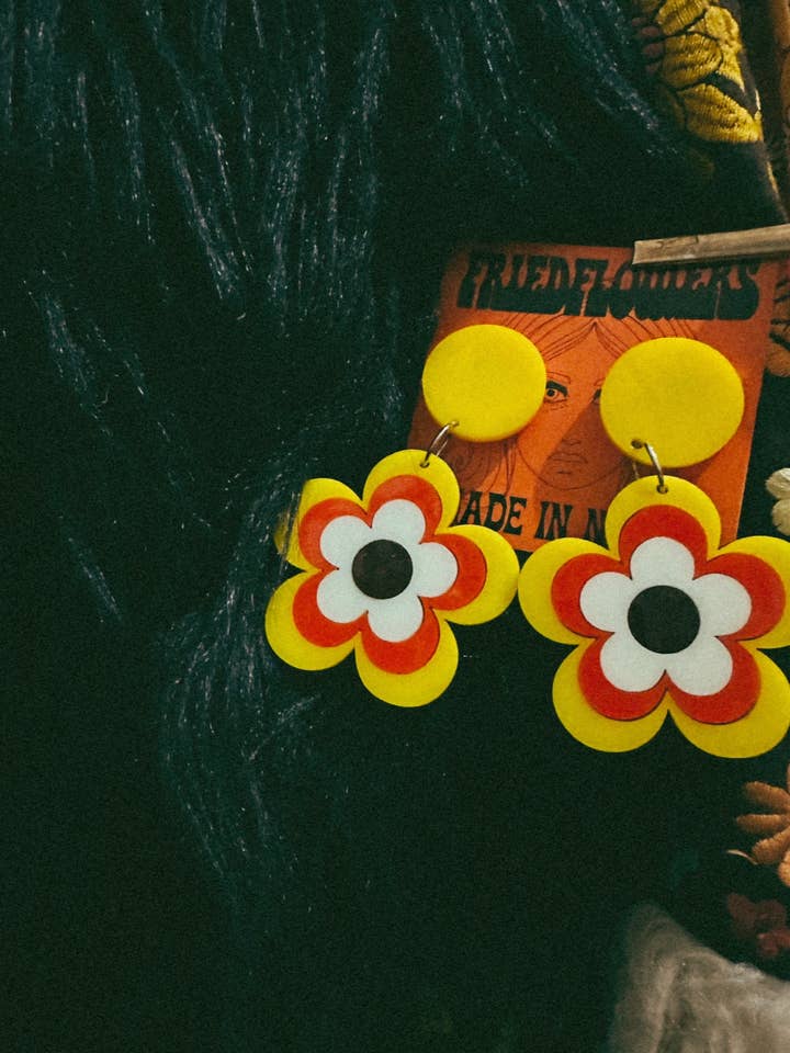 1970s inspired groovy flower earrings for wholesale by friedflowers