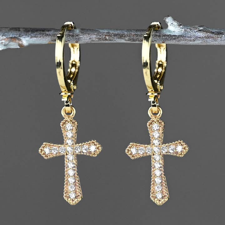 Golden Huggie Pave Crystal Cross Earrings for wholesale by KBD Studio