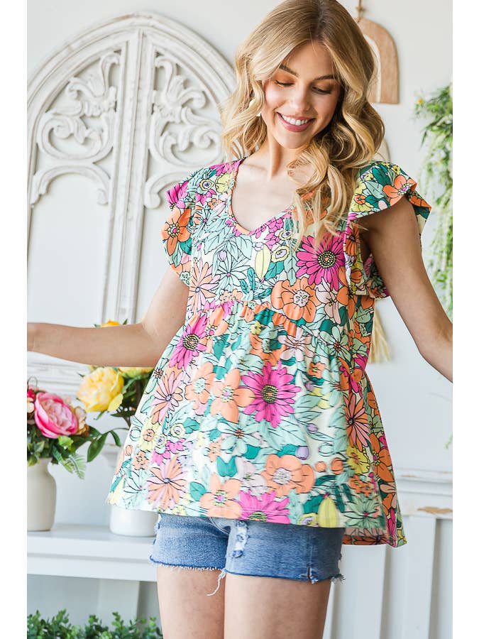 7th Ray - Vendita all'ingrosso Camicetta - Donna - Top a maniche svolazzanti con stampa floreale multicolore Baby Doll T51654