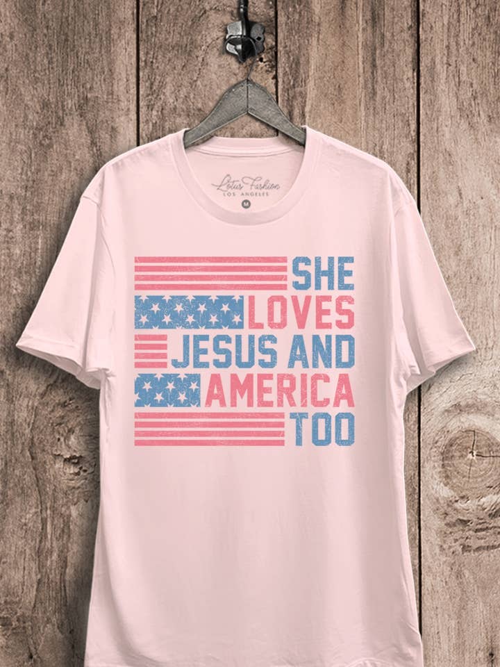 She Loves Jesus And America Too Graphic Top for wholesale by Lotus Fashion Collection