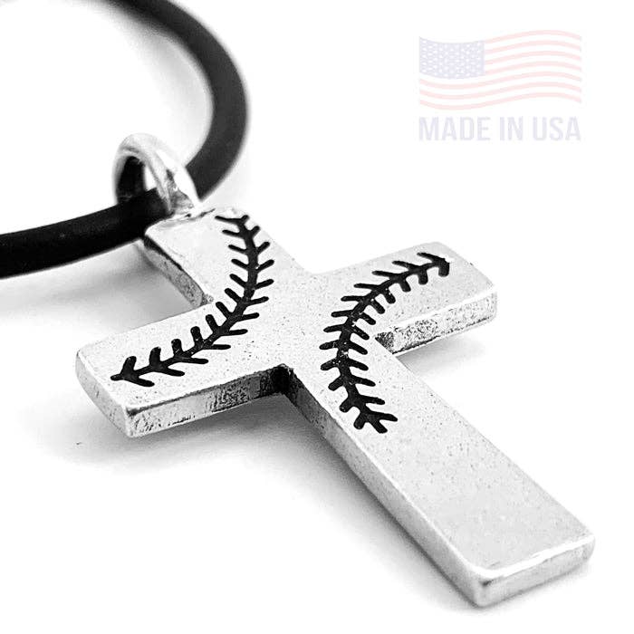 Forgiven Jewelry – wholesale Pendant/charm necklace – Baseball Stitch Cross Necklace on Black Rubber2