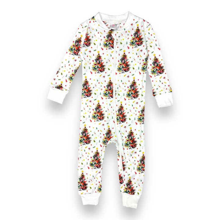 Full Zip Footless Pajamas - Christmas Trees for wholesale by Pink Elephant Brands